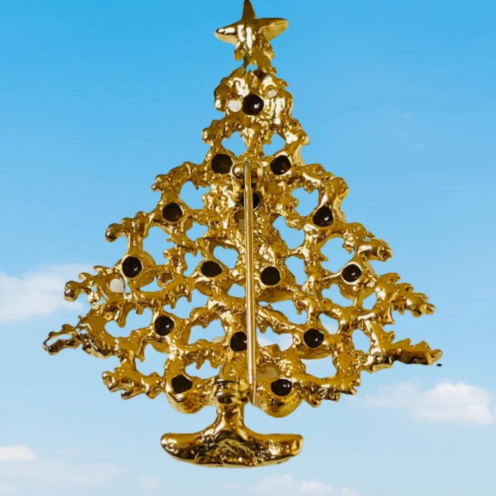 Vintage Christmas Tree Brooch Pin White Enamel & Clear Rhinestones